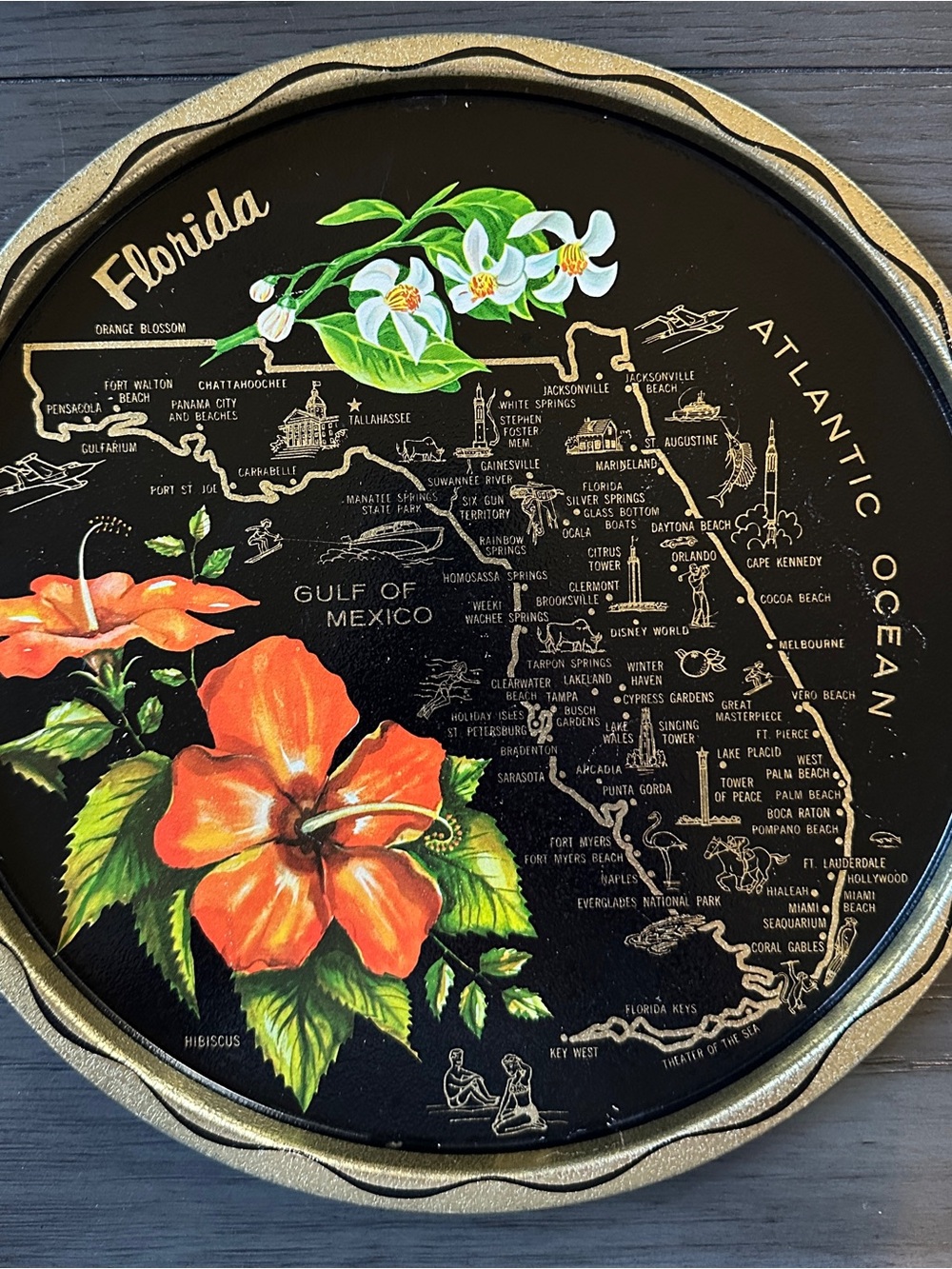 Vintage Florida FL Souvenir Tin Plate Tray State Map Hibiscus Map Wall Decor 11”